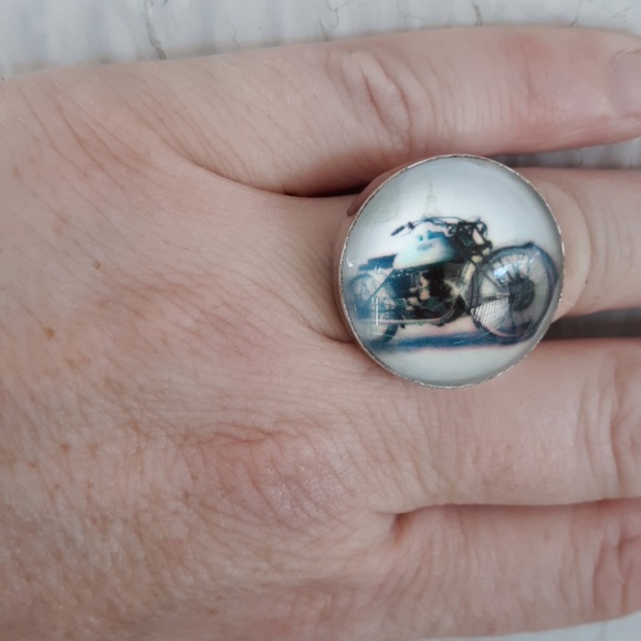 New Unique Motorcycle 925 Silver Glass Ring. - Picture 2 of 9